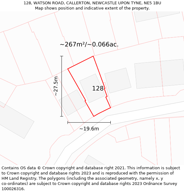 128, WATSON ROAD, CALLERTON, NEWCASTLE UPON TYNE, NE5 1BU: Plot and title map