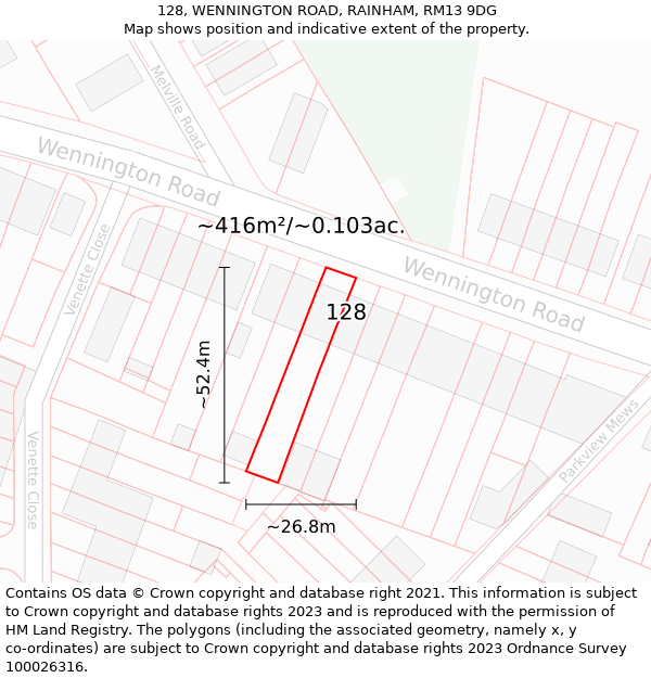 128, WENNINGTON ROAD, RAINHAM, RM13 9DG: Plot and title map