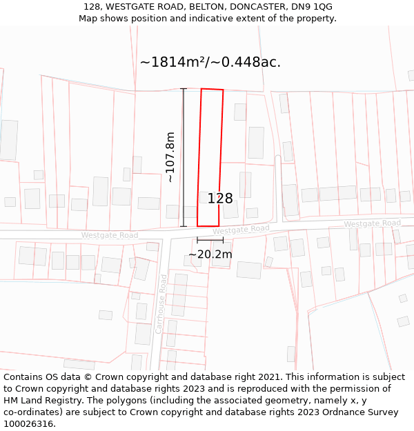 128, WESTGATE ROAD, BELTON, DONCASTER, DN9 1QG: Plot and title map