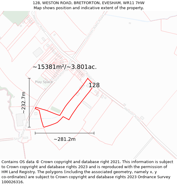 128, WESTON ROAD, BRETFORTON, EVESHAM, WR11 7HW: Plot and title map