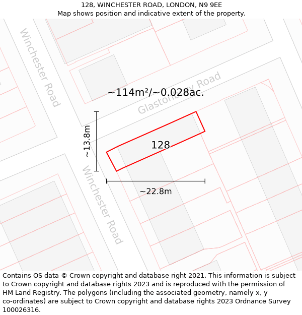 128, WINCHESTER ROAD, LONDON, N9 9EE: Plot and title map