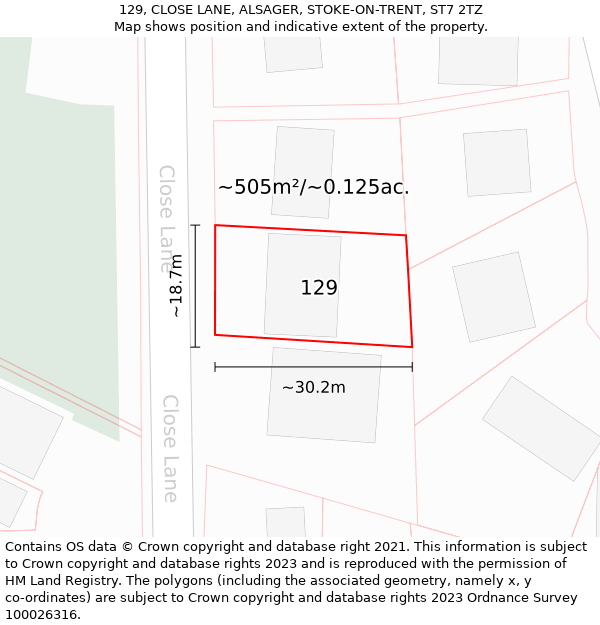 129, CLOSE LANE, ALSAGER, STOKE-ON-TRENT, ST7 2TZ: Plot and title map