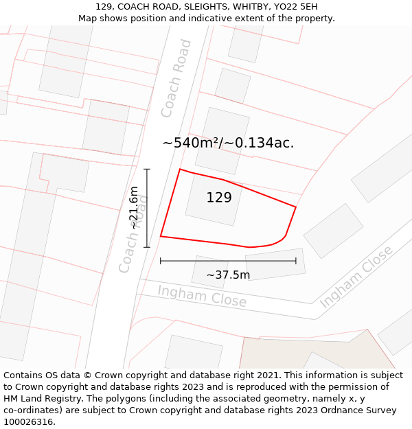 129, COACH ROAD, SLEIGHTS, WHITBY, YO22 5EH: Plot and title map