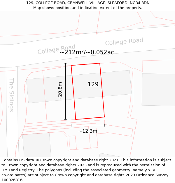 129, COLLEGE ROAD, CRANWELL VILLAGE, SLEAFORD, NG34 8DN: Plot and title map
