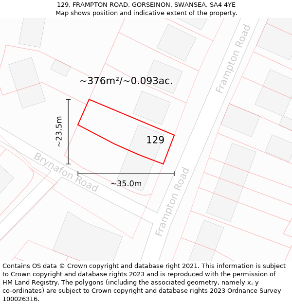 129, FRAMPTON ROAD, GORSEINON, SWANSEA, SA4 4YE: Plot and title map