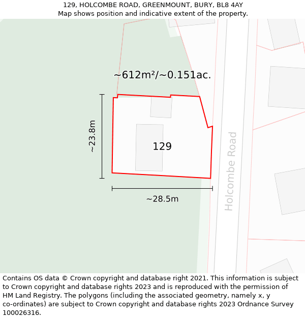 129, HOLCOMBE ROAD, GREENMOUNT, BURY, BL8 4AY: Plot and title map