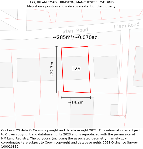 129, IRLAM ROAD, URMSTON, MANCHESTER, M41 6ND: Plot and title map