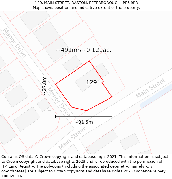 129, MAIN STREET, BASTON, PETERBOROUGH, PE6 9PB: Plot and title map