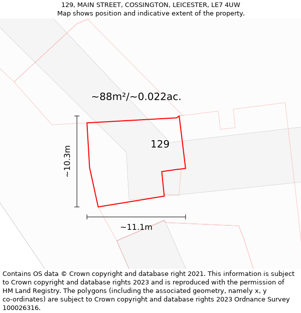 129, MAIN STREET, COSSINGTON, LEICESTER, LE7 4UW: Plot and title map