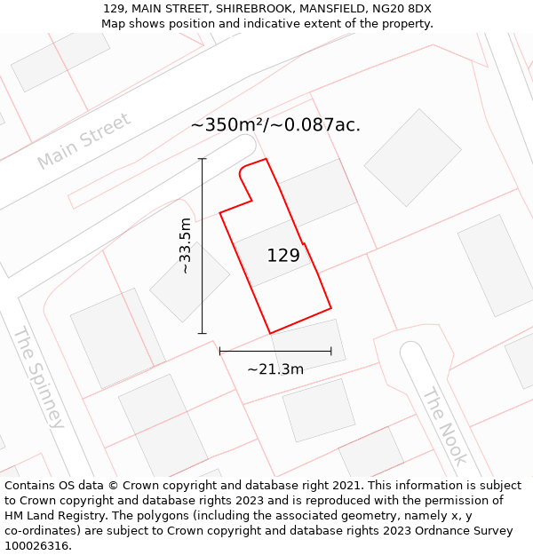 129, MAIN STREET, SHIREBROOK, MANSFIELD, NG20 8DX: Plot and title map