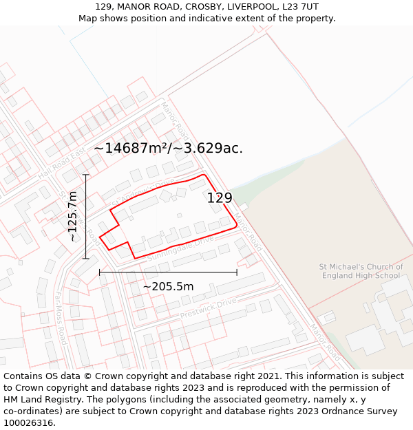 129, MANOR ROAD, CROSBY, LIVERPOOL, L23 7UT: Plot and title map
