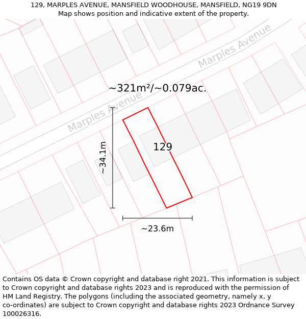 129, MARPLES AVENUE, MANSFIELD WOODHOUSE, MANSFIELD, NG19 9DN: Plot and title map