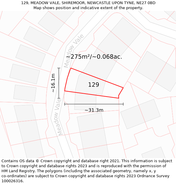 129, MEADOW VALE, SHIREMOOR, NEWCASTLE UPON TYNE, NE27 0BD: Plot and title map