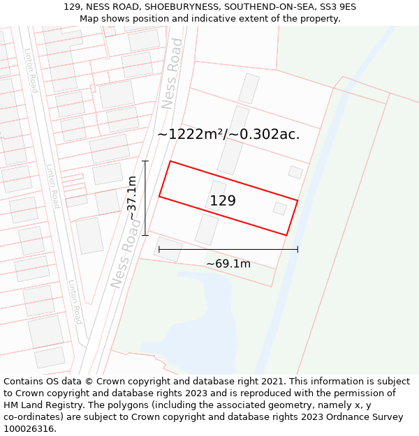 129, NESS ROAD, SHOEBURYNESS, SOUTHEND-ON-SEA, SS3 9ES: Plot and title map