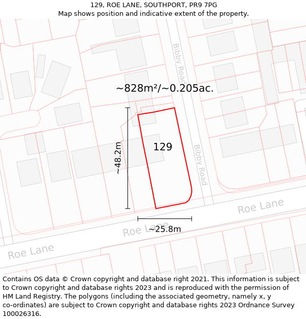 129, ROE LANE, SOUTHPORT, PR9 7PG: Plot and title map