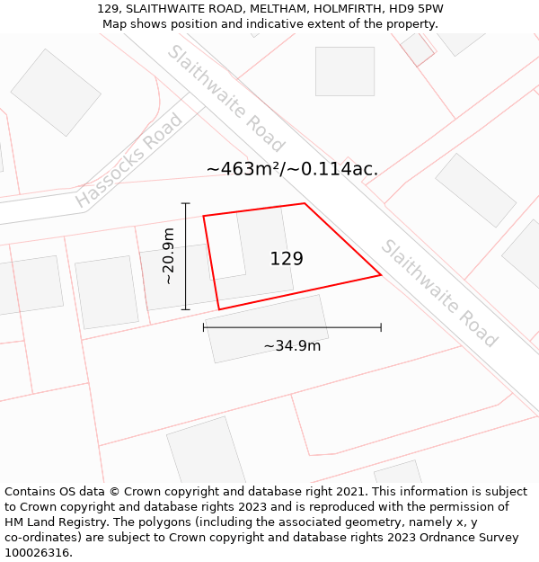 129, SLAITHWAITE ROAD, MELTHAM, HOLMFIRTH, HD9 5PW: Plot and title map