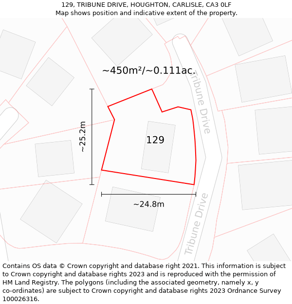 129, TRIBUNE DRIVE, HOUGHTON, CARLISLE, CA3 0LF: Plot and title map