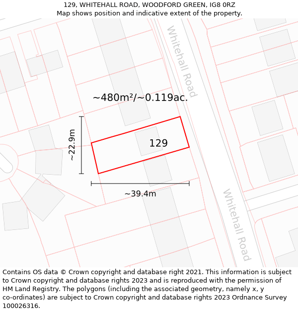 129, WHITEHALL ROAD, WOODFORD GREEN, IG8 0RZ: Plot and title map