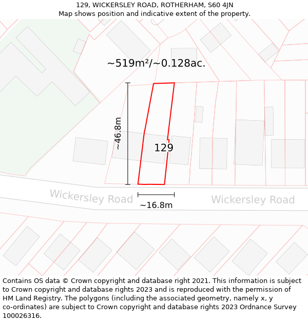 129, WICKERSLEY ROAD, ROTHERHAM, S60 4JN: Plot and title map