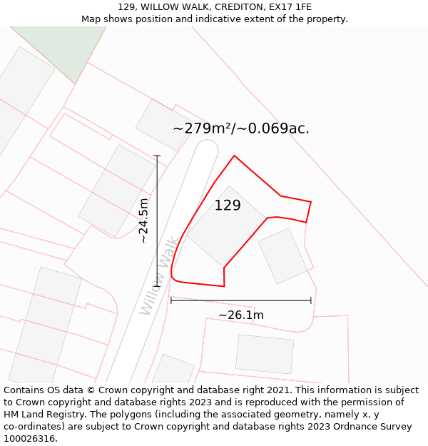 129, WILLOW WALK, CREDITON, EX17 1FE: Plot and title map