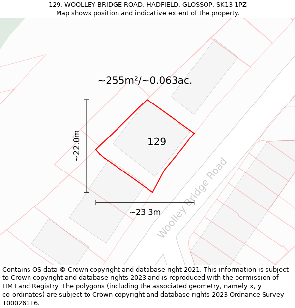 129, WOOLLEY BRIDGE ROAD, HADFIELD, GLOSSOP, SK13 1PZ: Plot and title map