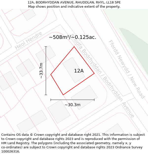 12A, BODRHYDDAN AVENUE, RHUDDLAN, RHYL, LL18 5PE: Plot and title map