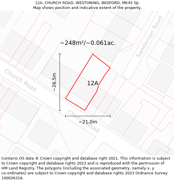 12A, CHURCH ROAD, WESTONING, BEDFORD, MK45 5JL: Plot and title map