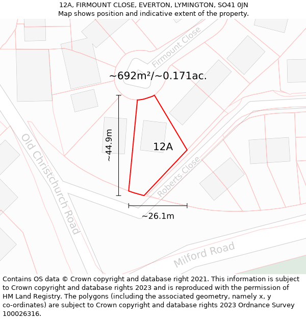 12A, FIRMOUNT CLOSE, EVERTON, LYMINGTON, SO41 0JN: Plot and title map