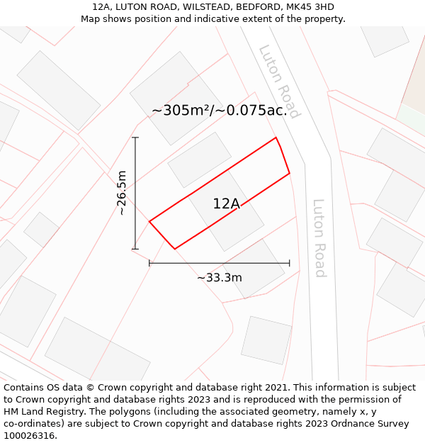 12A, LUTON ROAD, WILSTEAD, BEDFORD, MK45 3HD: Plot and title map
