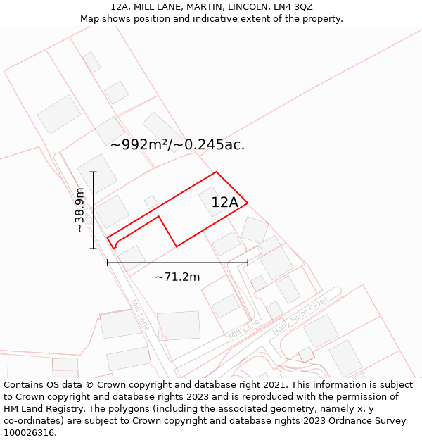 12A, MILL LANE, MARTIN, LINCOLN, LN4 3QZ: Plot and title map