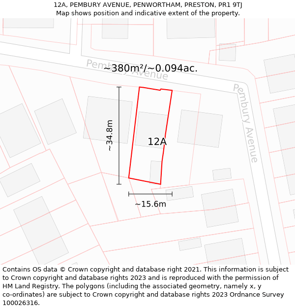 12A, PEMBURY AVENUE, PENWORTHAM, PRESTON, PR1 9TJ: Plot and title map