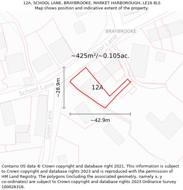 12A, SCHOOL LANE, BRAYBROOKE, MARKET HARBOROUGH, LE16 8LS: Plot and title map