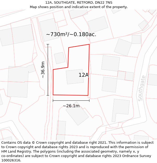 12A, SOUTHGATE, RETFORD, DN22 7NS: Plot and title map