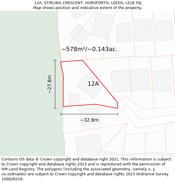 12A, STIRLING CRESCENT, HORSFORTH, LEEDS, LS18 5SJ: Plot and title map