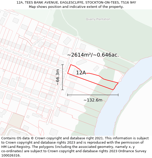 12A, TEES BANK AVENUE, EAGLESCLIFFE, STOCKTON-ON-TEES, TS16 9AY: Plot and title map