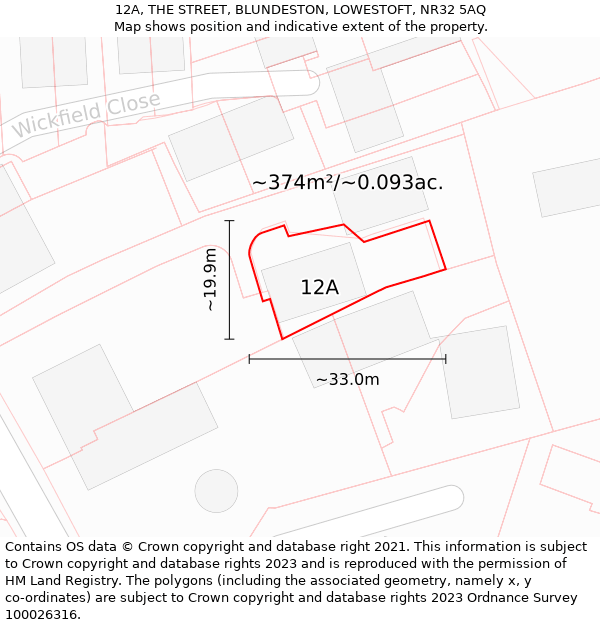 12A, THE STREET, BLUNDESTON, LOWESTOFT, NR32 5AQ: Plot and title map