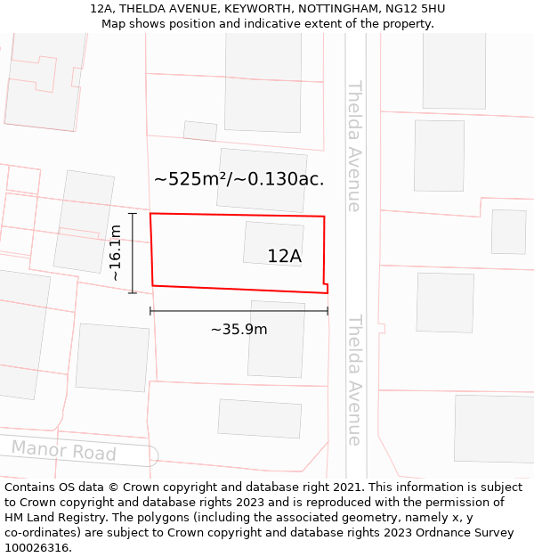 12A, THELDA AVENUE, KEYWORTH, NOTTINGHAM, NG12 5HU: Plot and title map