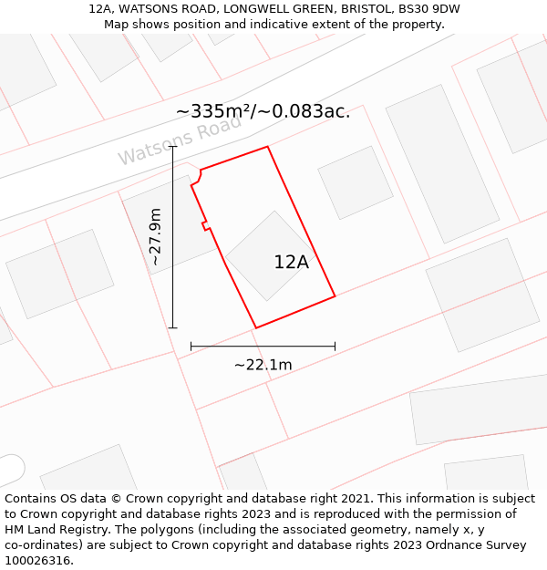 12A, WATSONS ROAD, LONGWELL GREEN, BRISTOL, BS30 9DW: Plot and title map