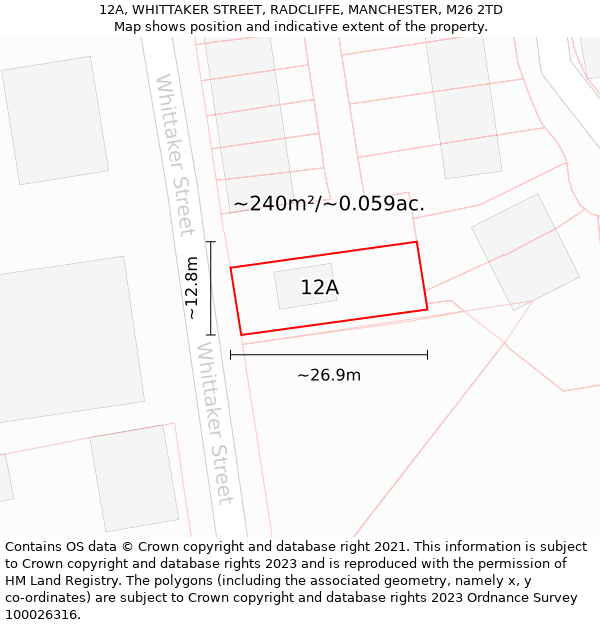 12A, WHITTAKER STREET, RADCLIFFE, MANCHESTER, M26 2TD: Plot and title map