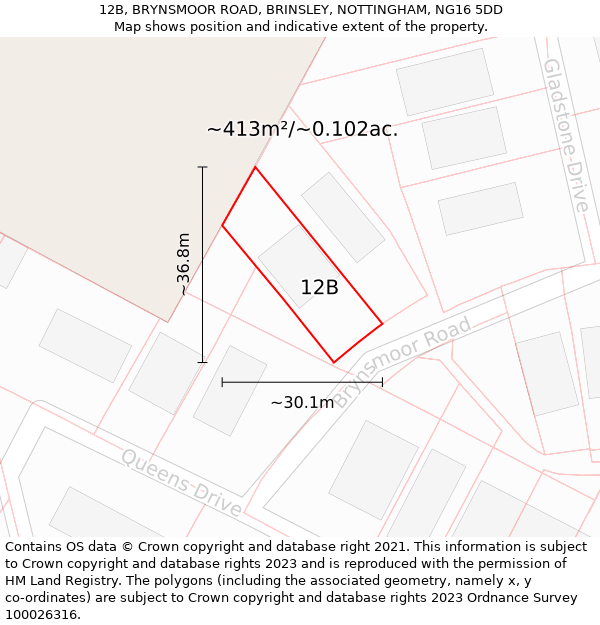 12B, BRYNSMOOR ROAD, BRINSLEY, NOTTINGHAM, NG16 5DD: Plot and title map