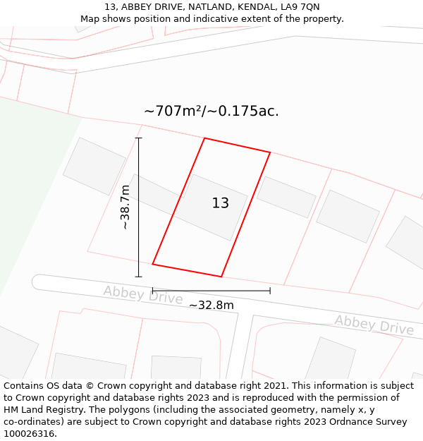 13, ABBEY DRIVE, NATLAND, KENDAL, LA9 7QN: Plot and title map