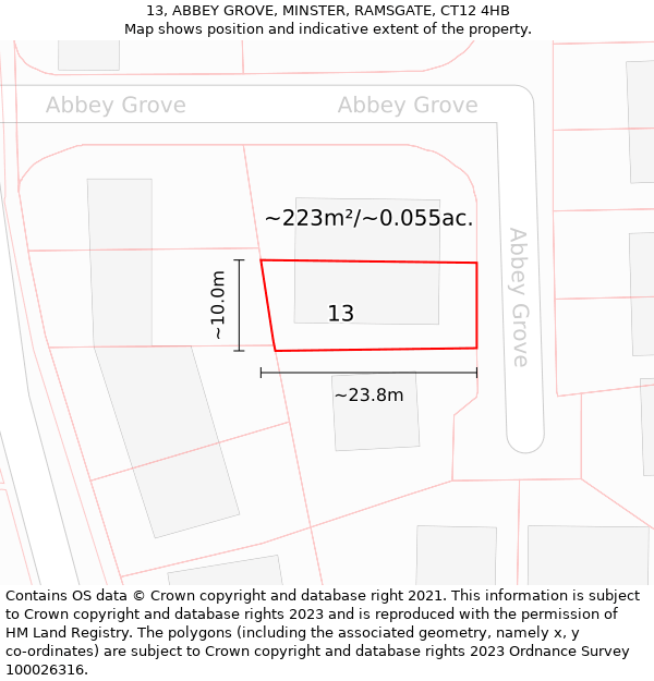 13, ABBEY GROVE, MINSTER, RAMSGATE, CT12 4HB: Plot and title map