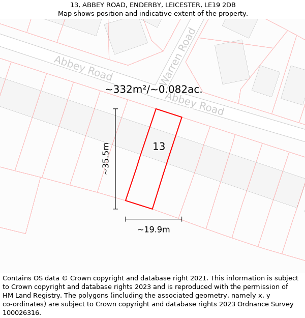 13, ABBEY ROAD, ENDERBY, LEICESTER, LE19 2DB: Plot and title map