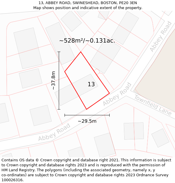 13, ABBEY ROAD, SWINESHEAD, BOSTON, PE20 3EN: Plot and title map