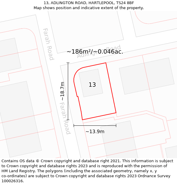 13, ADLINGTON ROAD, HARTLEPOOL, TS24 8BF: Plot and title map