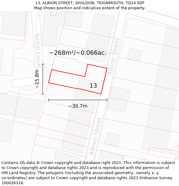 13, ALBION STREET, SHALDON, TEIGNMOUTH, TQ14 0DF: Plot and title map