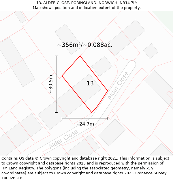 13, ALDER CLOSE, PORINGLAND, NORWICH, NR14 7LY: Plot and title map