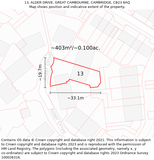 13, ALDER DRIVE, GREAT CAMBOURNE, CAMBRIDGE, CB23 6AQ: Plot and title map