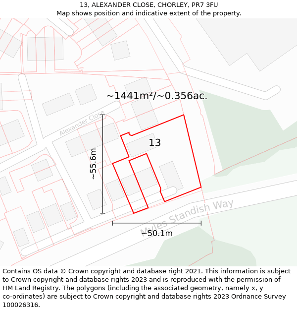 13, ALEXANDER CLOSE, CHORLEY, PR7 3FU: Plot and title map