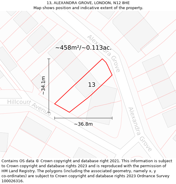 13, ALEXANDRA GROVE, LONDON, N12 8HE: Plot and title map